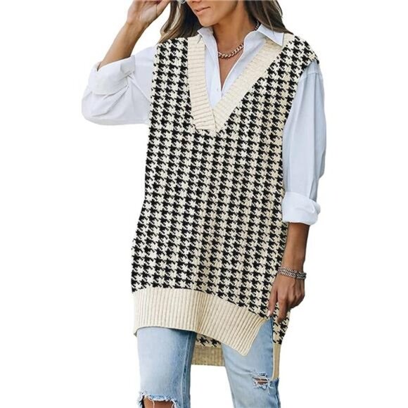 Beige Oversized Houndstooth Printed Knit Sweater Vest V Neck Sleeveless Sweater - Picture 6 of 7